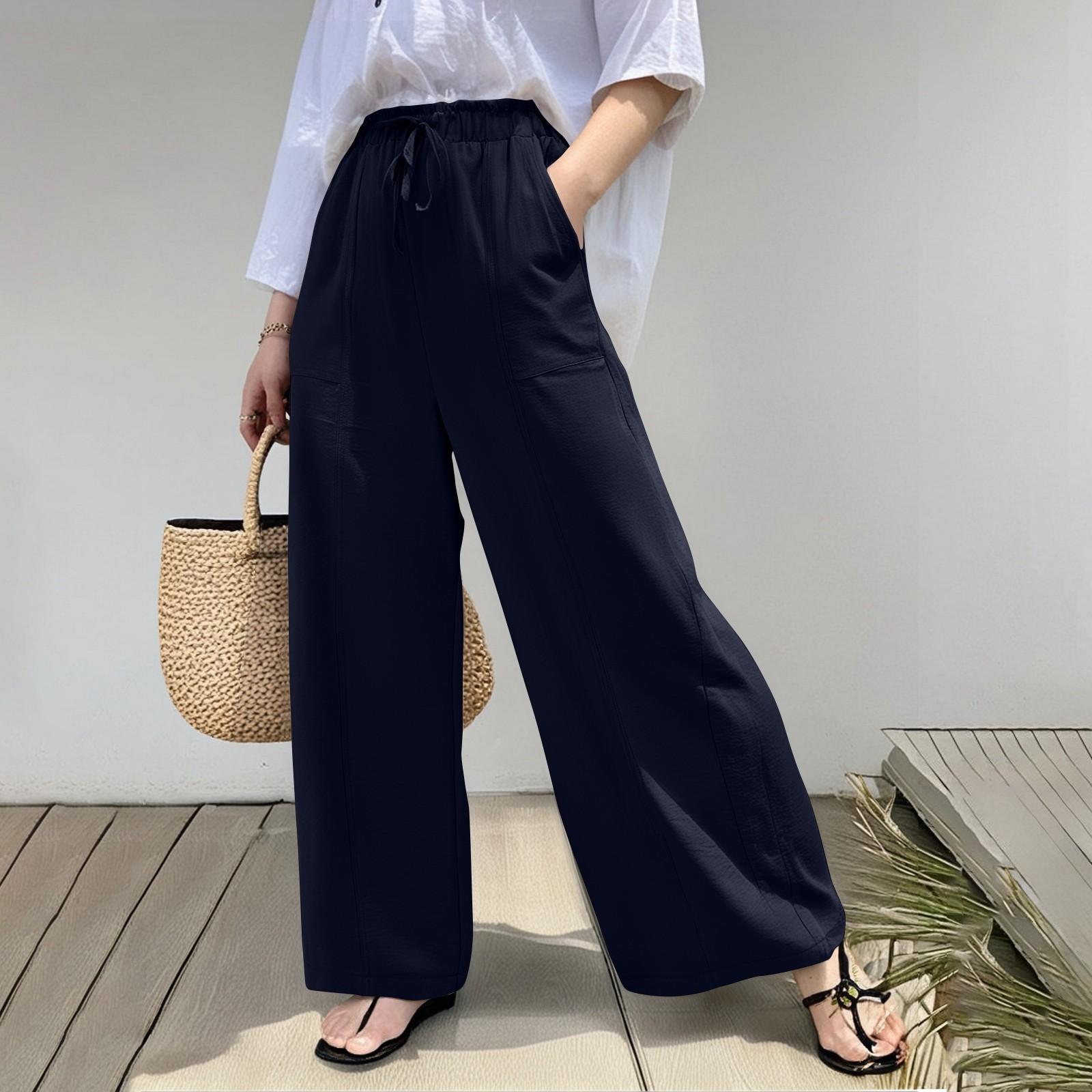 

Женские модные повседневные брюки однотонные с высокой талией широкие брюки с карманами S тёмно-синий