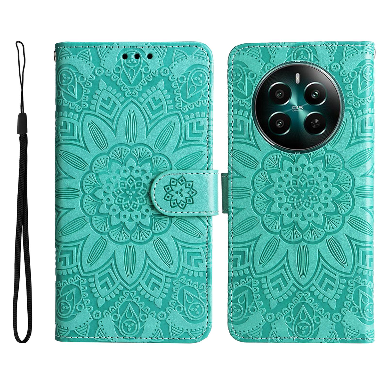 

For Realme 12 4G/12+ 5G Wallet Case Sunflower Imprinted Leather Flip Phone Cover Green