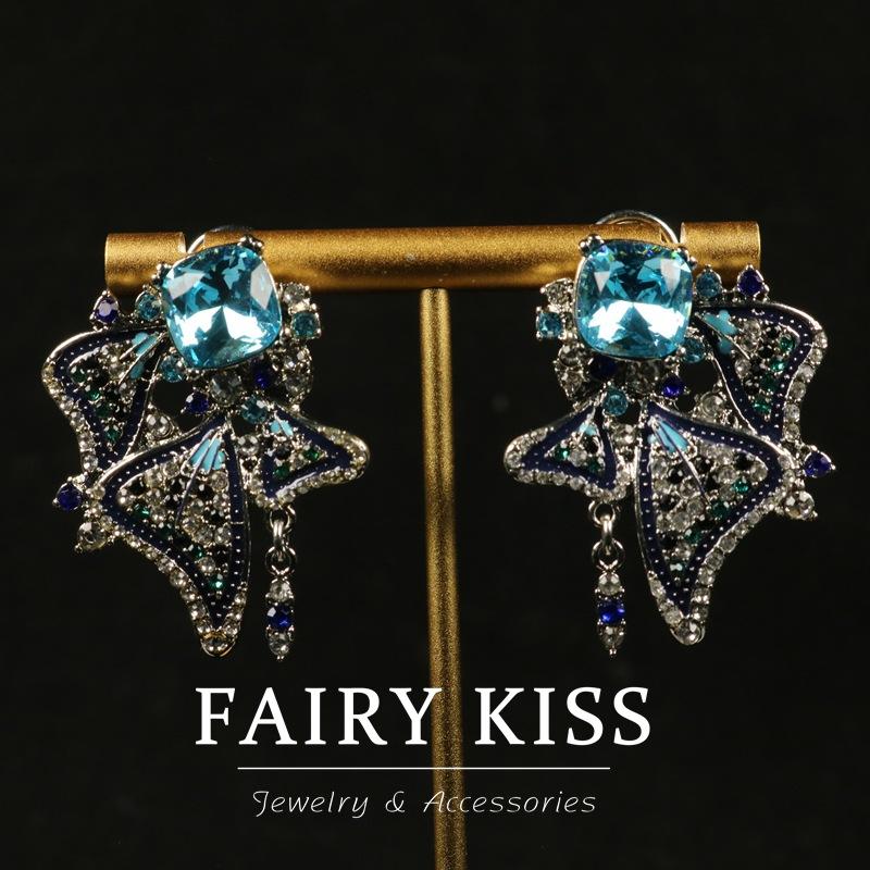 

Fairy Sapphire Butterfly Flower Densely Studded with Diamond Sapphire Women s Ear Shot Versatile Casual Earrings