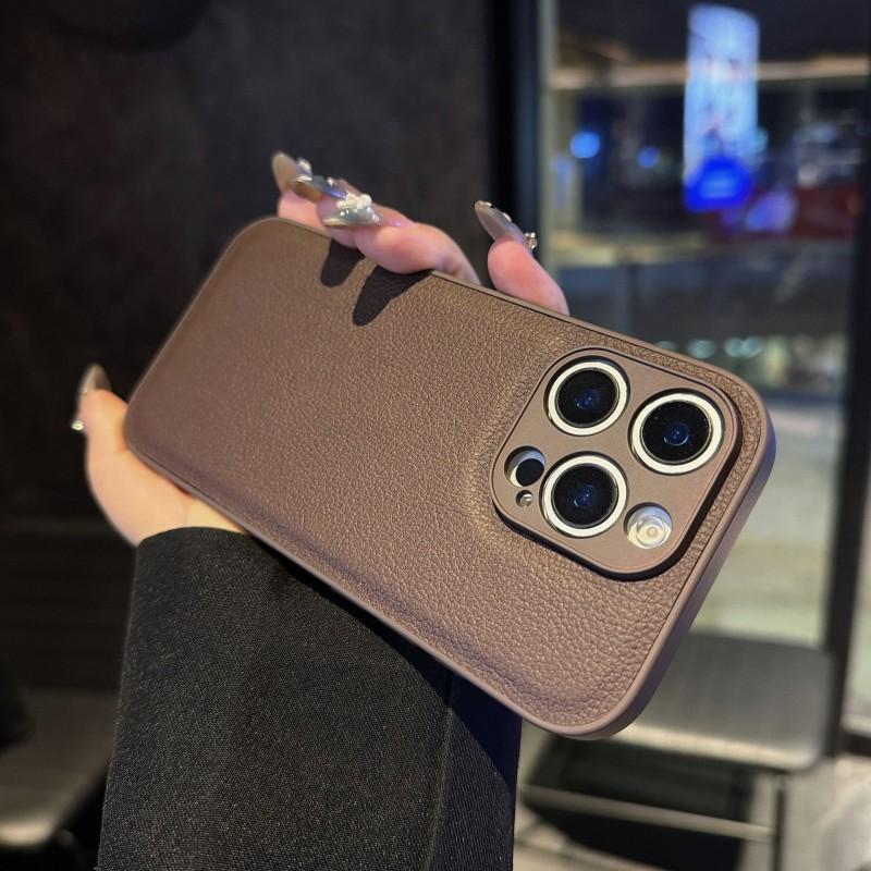 Models Are Suitable 16pm Lychee Pattern Phone Case 14 Leather Simple 15 Fine Hole Iphone17pro Full