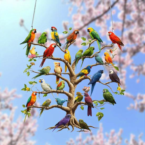 Acrylic Parrot Tree Hanging Decoration 2D Flat Colorful Parrot Indoor Outdoor Christmas Tree Wall Window Hanging Bird Sign Ornament