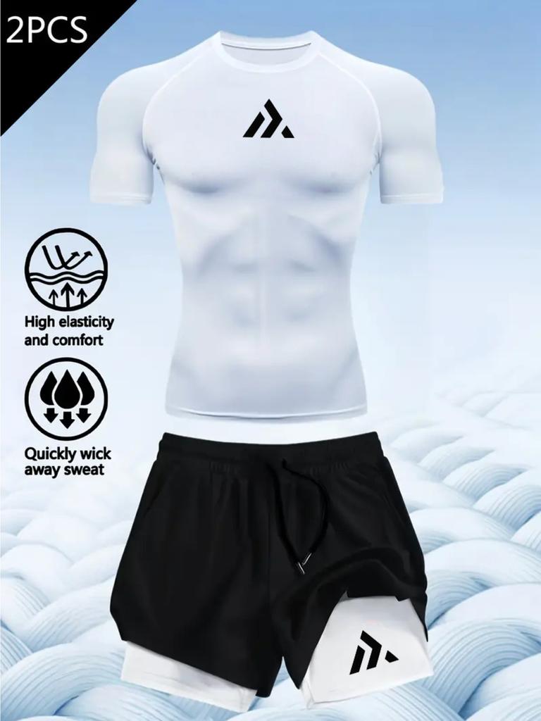 2D printed T-shirt men's summer two-piece sportswear running T-shirt elastic quick-drying sports top sports fitness shirt men's
