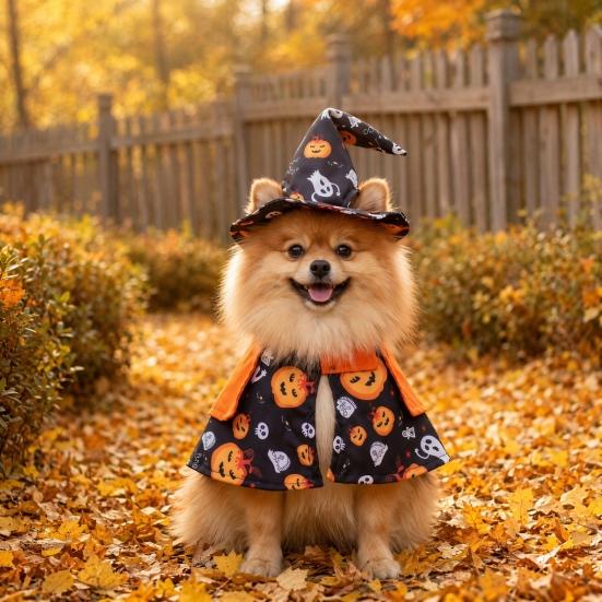 Jijijing 1 Set Halloween Pet Costume, Adjustable Wizard Hat And Cape, Cute Pumpkin Ghost Prints, Fun Outfit for Small Dogs Cats Festive Apparel