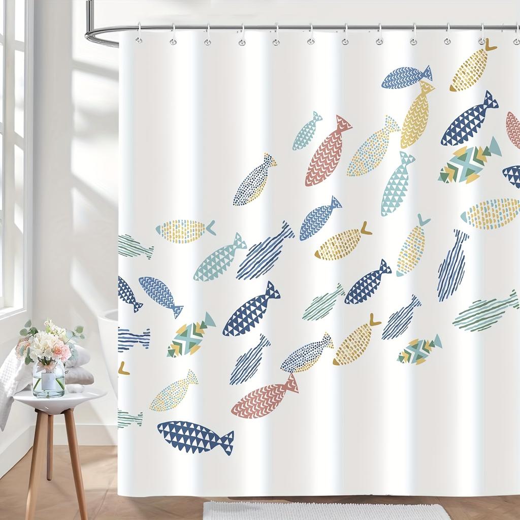 1pc Colorful Fish Shower Curtain, Ocean Swiming Fishes Cartoon White Minimalist Shower Curtains Decor for Bathroom Set