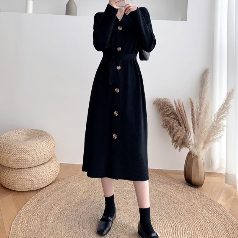 

GMXIA Temperament длинный свитер женское пальто осень и зима новый свободный однотонный V-образный вырез вязаный кардиган One size чёрный