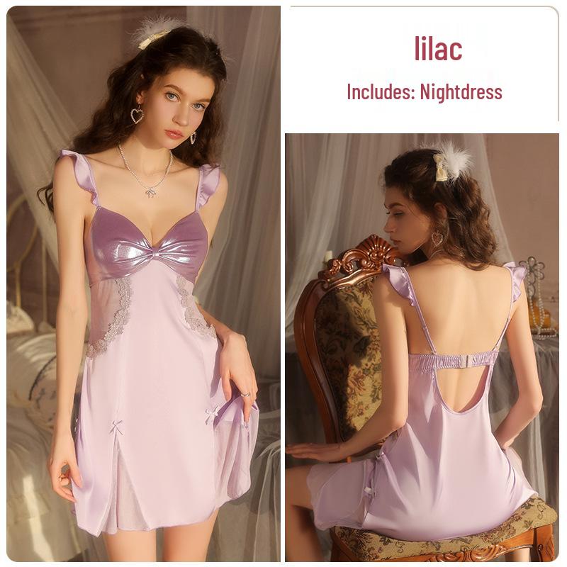 Elegant Satin Push-Up Deep V Backless Nightgown Lingerie Set