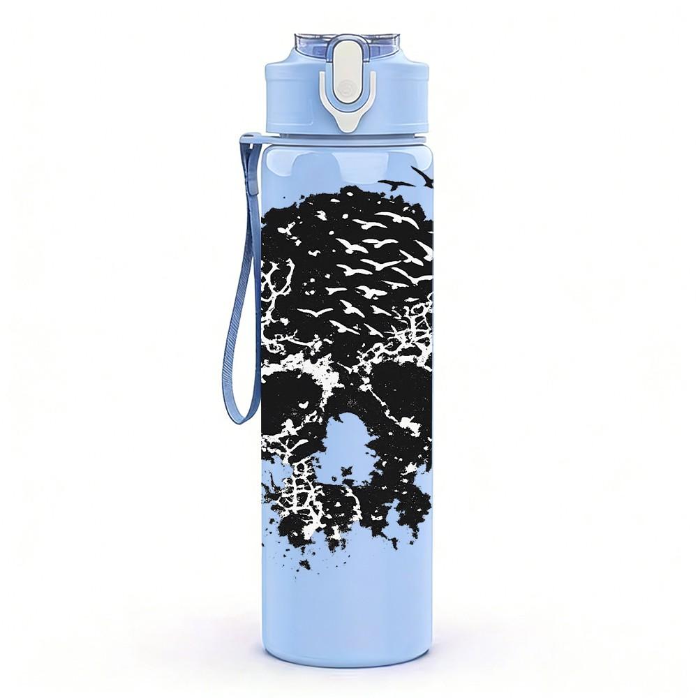 1PC Detailed Monochrome Skull Art Print 750ml Color Plastic Sports Water Bottle Leakproof Flip Straw Lid Suitable for Sports Office Home Use