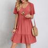 Summer Dress for Women Short Sleeve Pleated V Neck Dress Tiered Swing A Line Dress Casual Flowy Beach