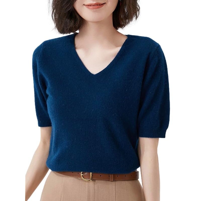 

[BN1 select] knit short sleeve ladies spring summer autumn clothes Beautiful sweater V-neck tops women s clothing 30s 40s 50s navy blue blue navy blue