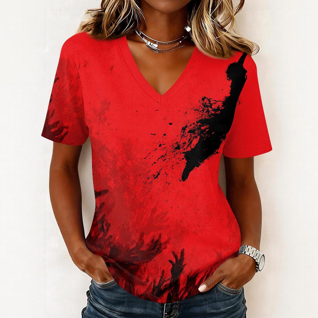 Womens Halloween Print V Neck Pullover Top Short Sleeve Casual Shirt Lightweight Comfortable Fit