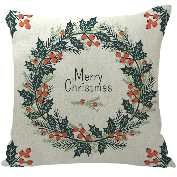 Merry Christmas Pillow Cover Wreath Letter Linen Cushion Case Cover for Christmas Holiday