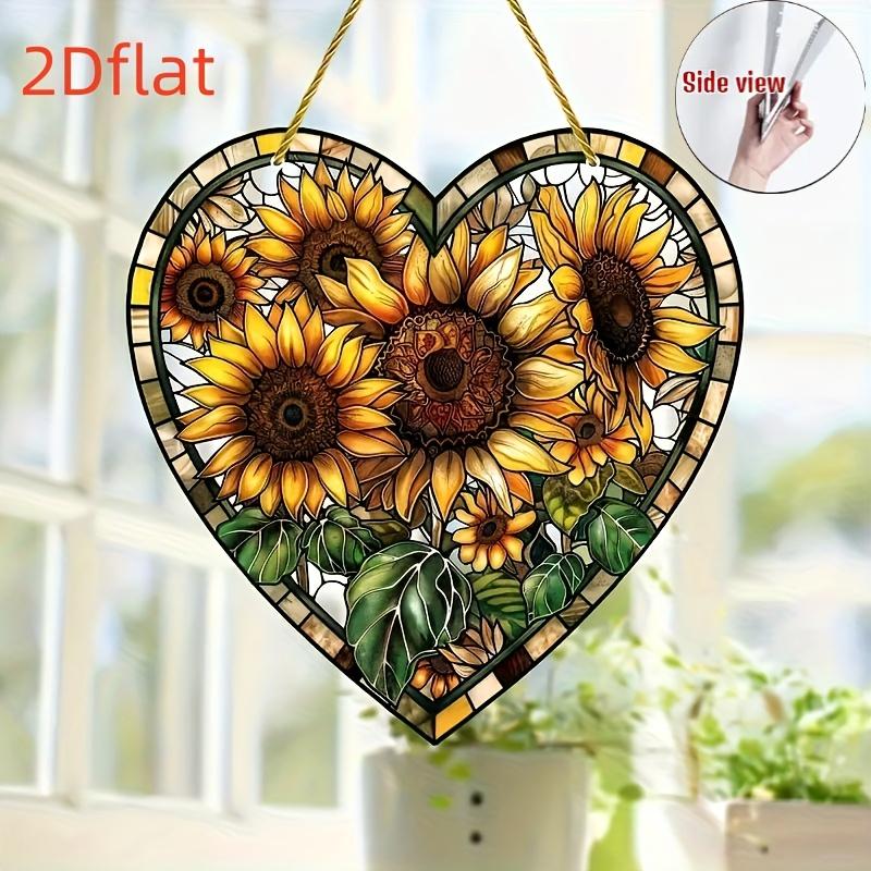 2D Flaches Dorfstil Sonnenblumen Herzförmiges Acryl Dekorationsschild Geeignet für Wanddekoration, Veranda, Zimmer, Villa, Akzente Zuhause, Flur, oder Arbeitsplatz