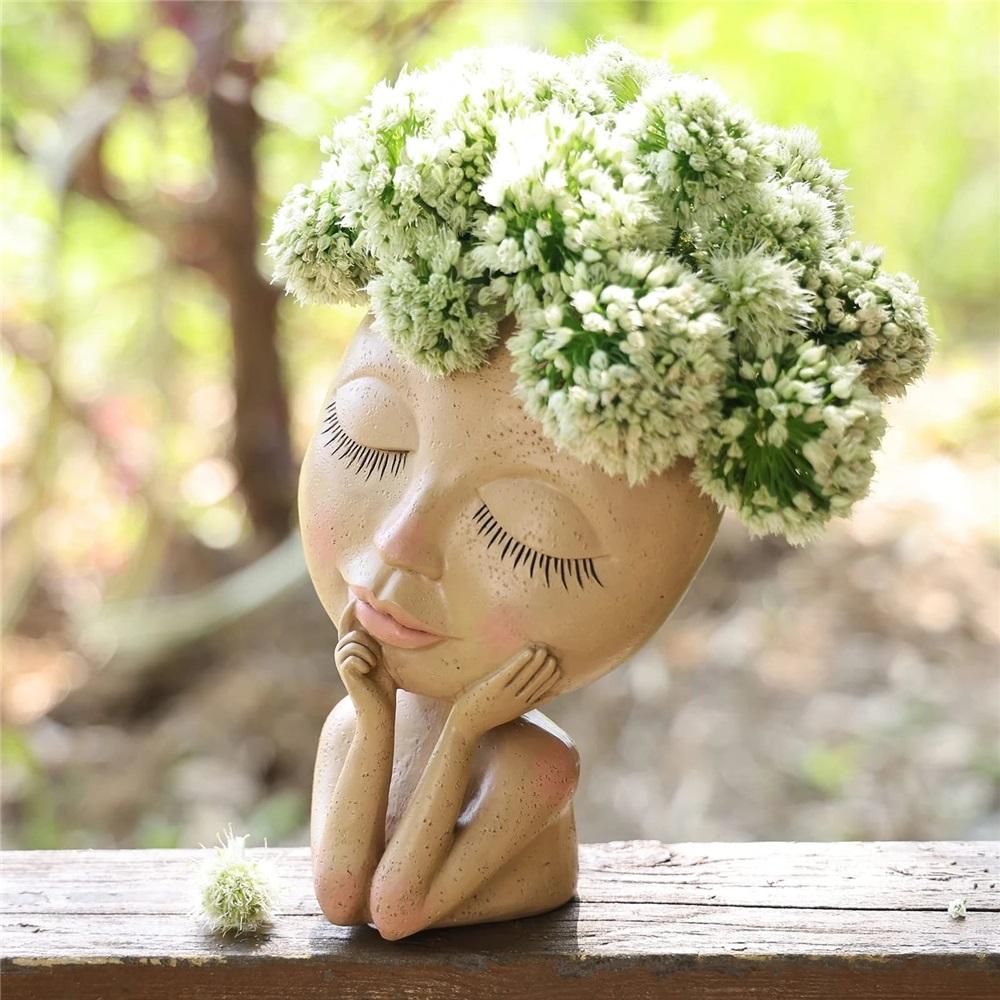 Gezicht Hoofd Planter Vetplant Bloempot Hars Container Met Afvoergaten Bloempot Figuur Tuindecoratie Tafelblad Ornament