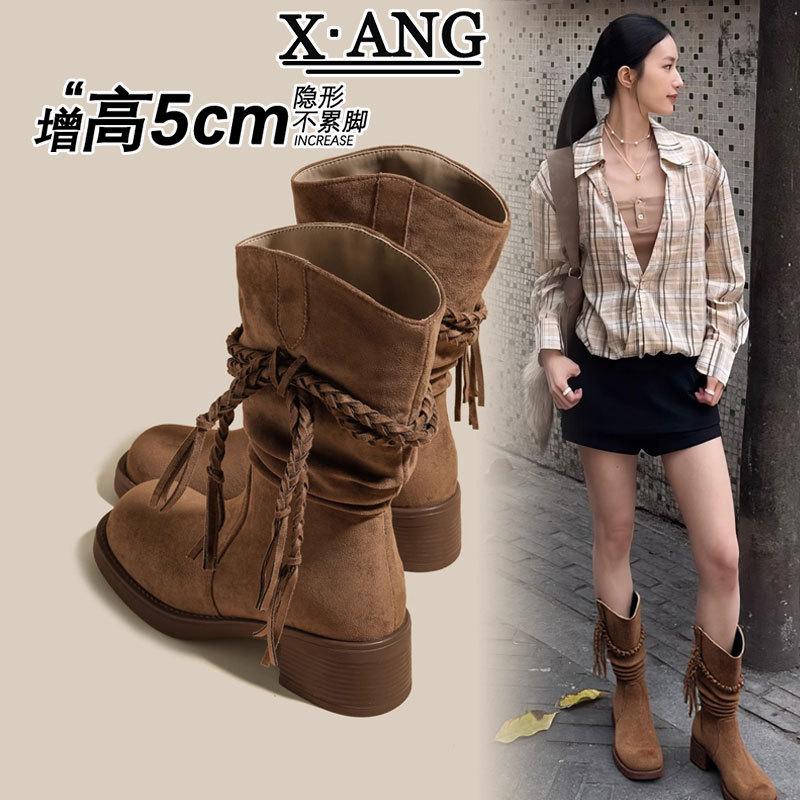 Cowhide version retro wasteland fringed stacking boots women's thick heel knight boots western cowboy boots slim Martin boots