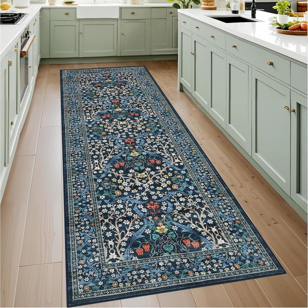Runner Rug Corridor Floor Mat Dark Blue Plant Flower Carpet Bohemian Style Home Decoration Rugs Soft Machine Washable Carpets
