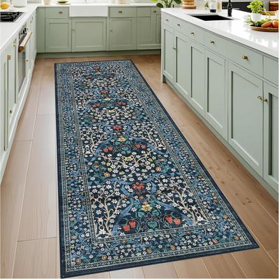 Runner Rug Corridor Floor Mat Dark Blue Plant Flower Carpet Bohemian Style Home Decoration Rugs Soft Machine Washable Carpets