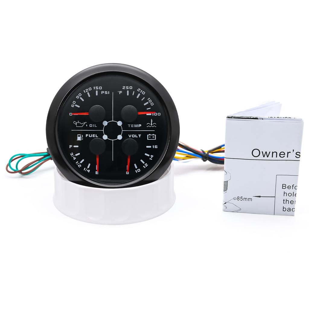85mm 4 in 1 Gauge Oil Press Gauge Water Temp Meter Fuel level Gauge Voltmeter With Alarm For Marine Boat Car Waterproof 12V 24V