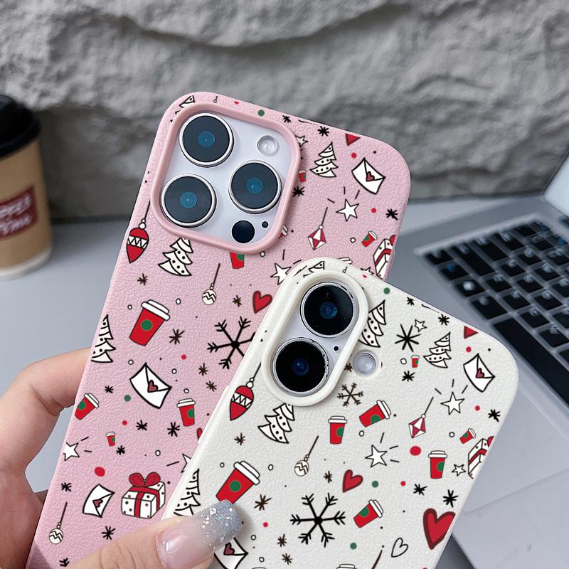 Full-Coverage Christmas Pattern iPhone Case for iPhone 17 16 15 14 Fro Max 13 Air - Festive Shockproof TPU Cover with PU Leather Texture