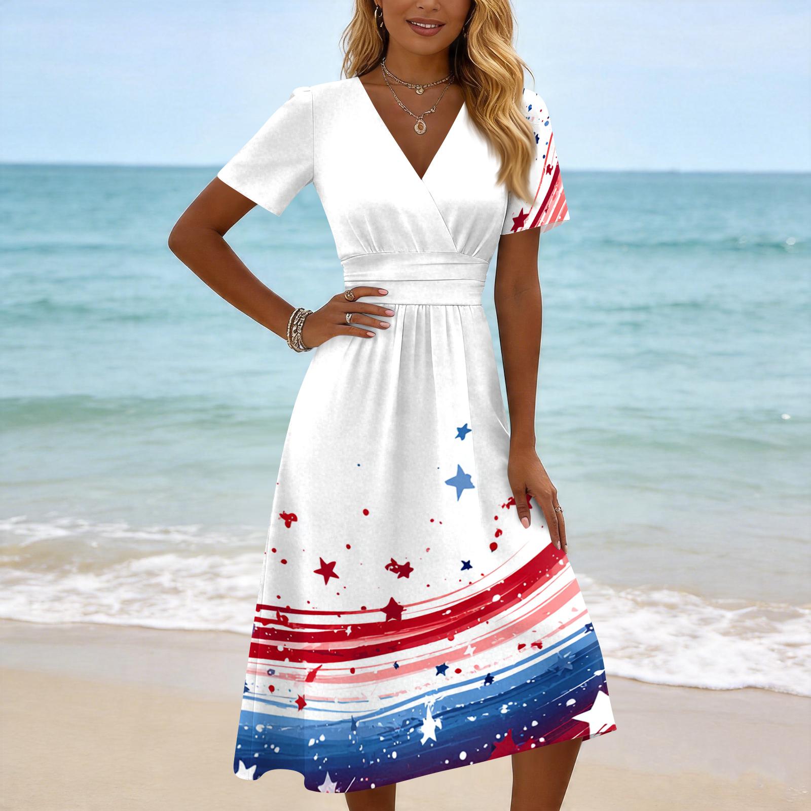 

Women s Casual Fashion Independence Day Printed Short-Sleeve V-Neck Dress XL білий