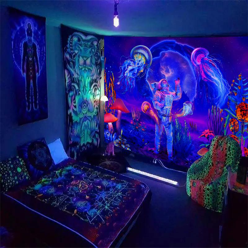 1pc Astronaut UV Reaction Tapestry, Spacecraft Jellyfish Mushroom Fantasy Tapestry