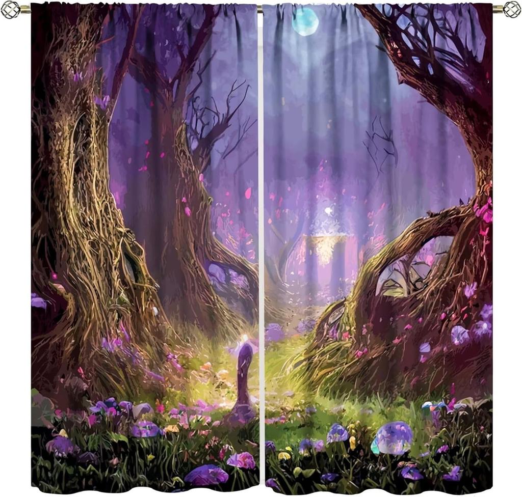 Fantasy Forest Blackout Curtains Mysterious Jungle Forest Round Door Pink Rose Pattern Living Room Curtains Kitchen Bedroom