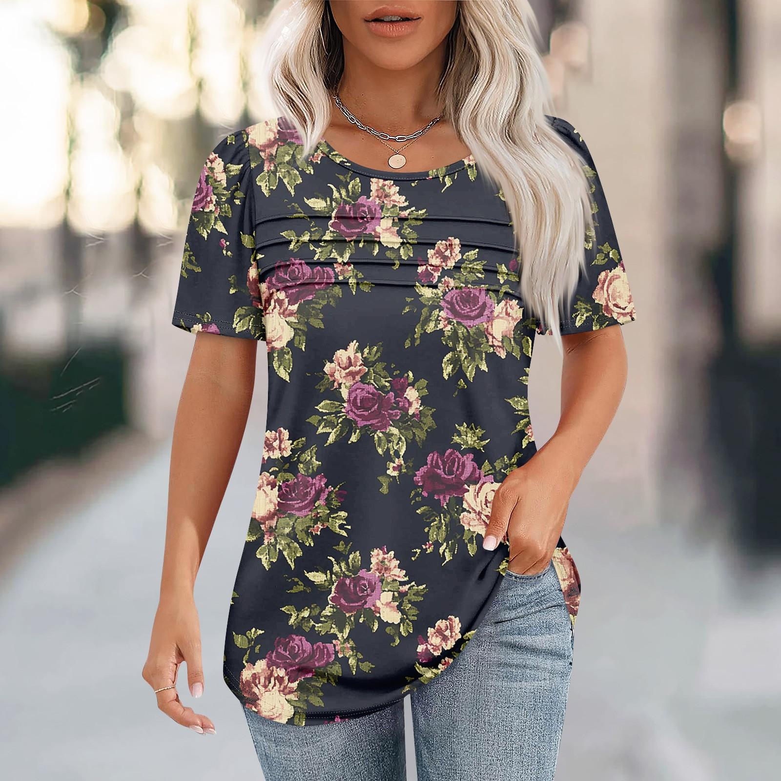 

Женская плиссированная футболка с круглым вырезом и ботаническим принтом, короткий рукав XL небесно-голубой