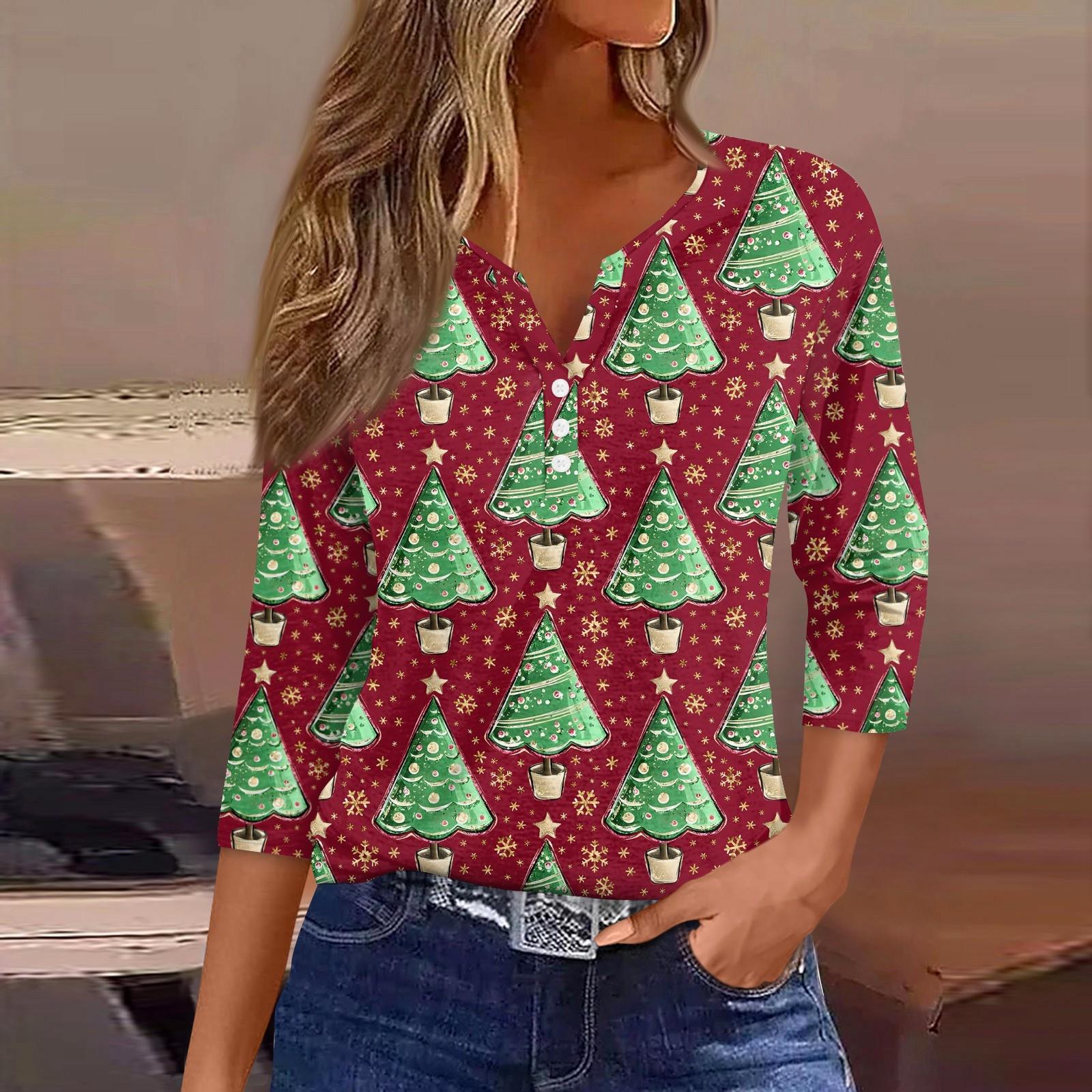 

Жіноча модна повсякденна футболка з V-подібним вирізом із сімома рукавами та різдвяним принтом XL червоний