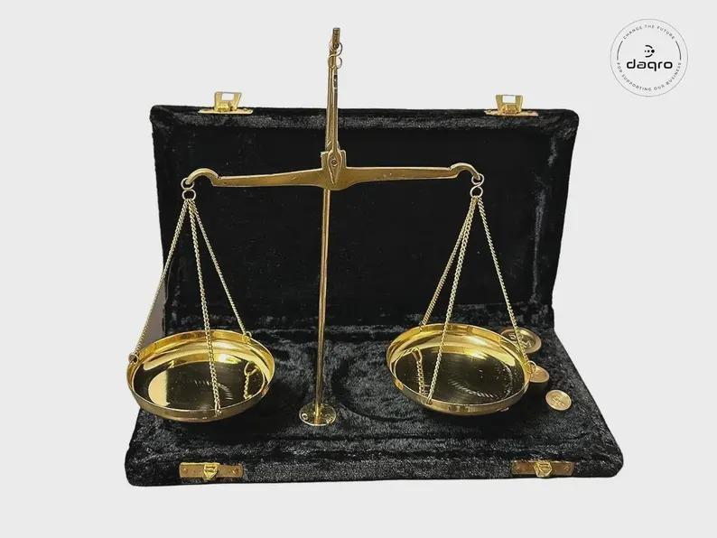 Antique Design Brass Balance Scale with 8 Weights - Apothecary Jewelry Scale Display