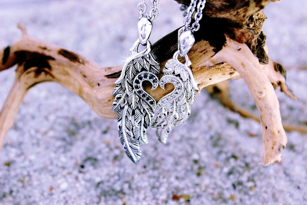 Silver 925 Feather Heart Pair Necklace for Men and Women Bag BOX Tb316 [Velvi] (Paper Included) (Feather Heart)