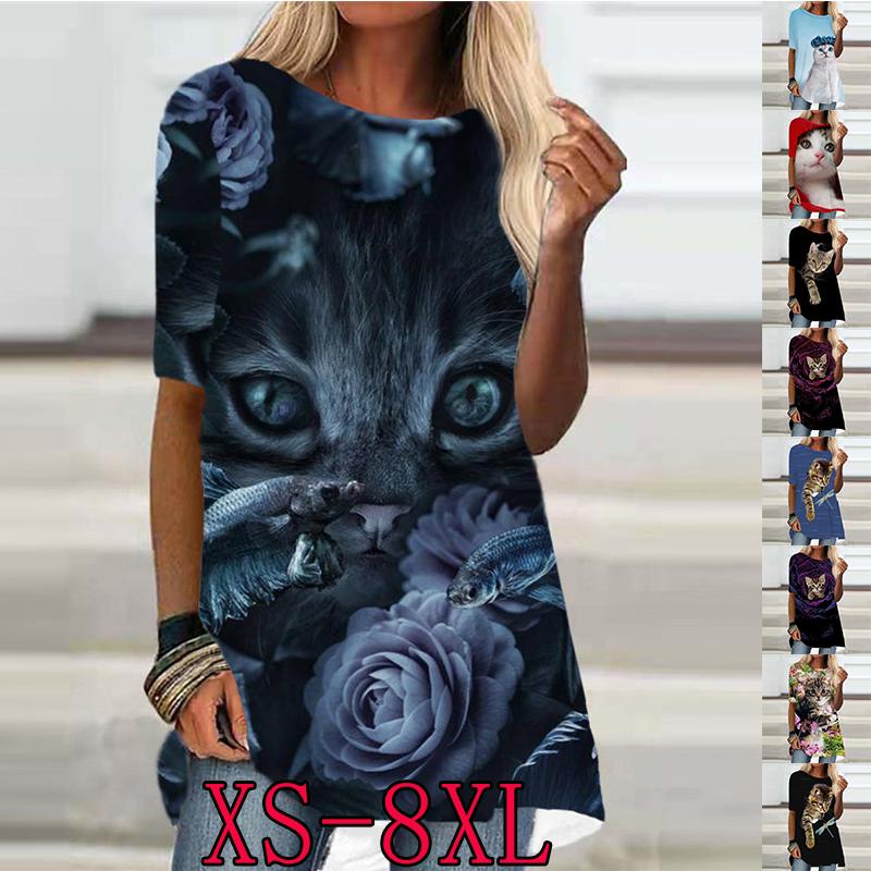 

Футболка с котенком для женщин, модная одежда с круглым вырезом для девочек, летняя повседневная женская футболка с короткими рукавами, топы, женская уличная одежда большого размера