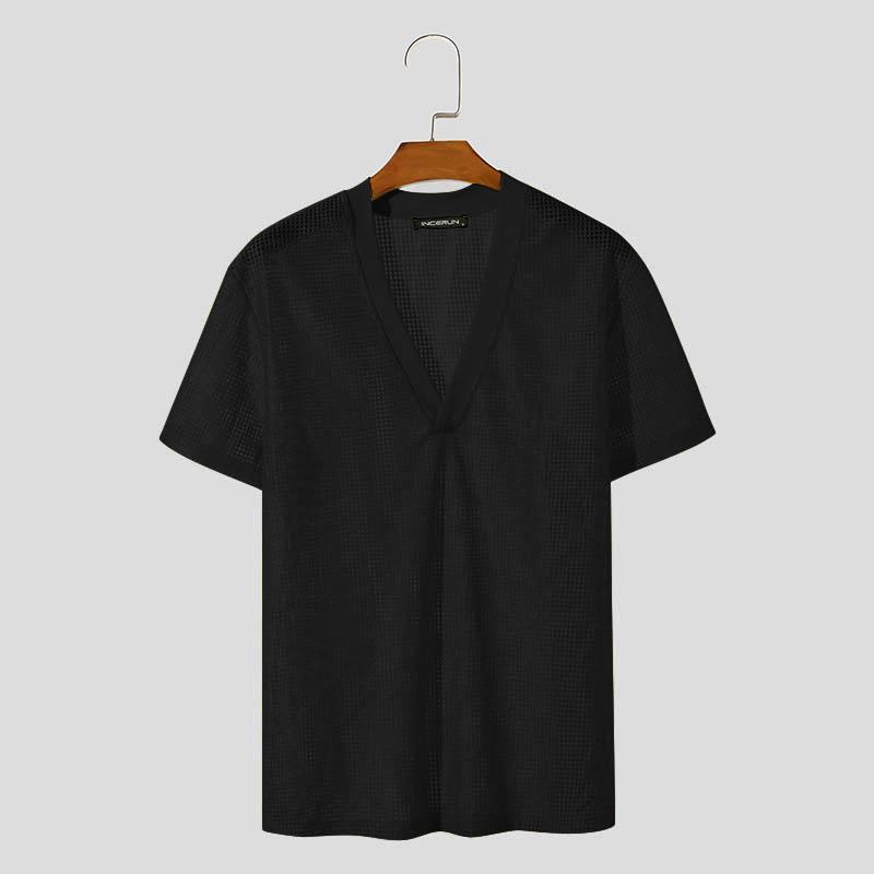 INCERUN Topuri cu mânecă scurtă scobite pentru bărbați Tricouri pentru petrecere pe plajă cu decolteu în V adânc