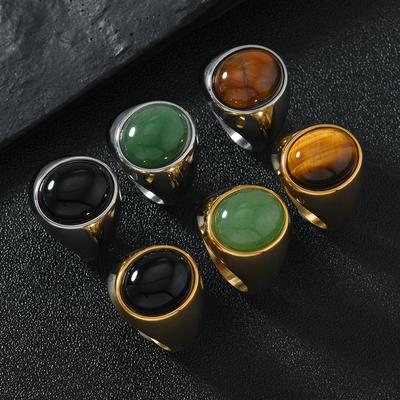 316L Stainless Steel Oval Natural Stone Ring For Men Women Finger Zircon Accessories Black Green Tiger Eye Stone Rings