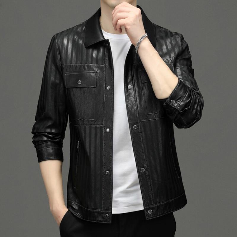 New Style Plush Leather Jacket for Spring and Autumn Wear Men's Slim Fitting Short Lapel Leather Jacket Middle-aged and Young Men's Warm Coat