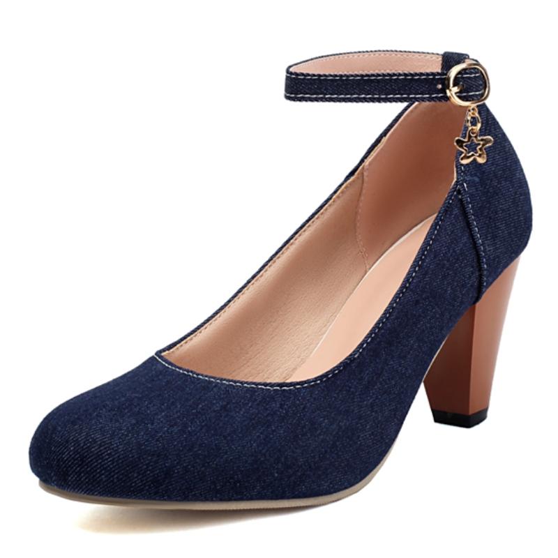 

Синие джинсовые туфли на высоком каблуке, женские туфли-лодочки Мэри Джейн 2025, большой размер 46, каблук-рюмочка, для вечеринки, офиса, свадьбы, удобные для леди 39 темно-синий
