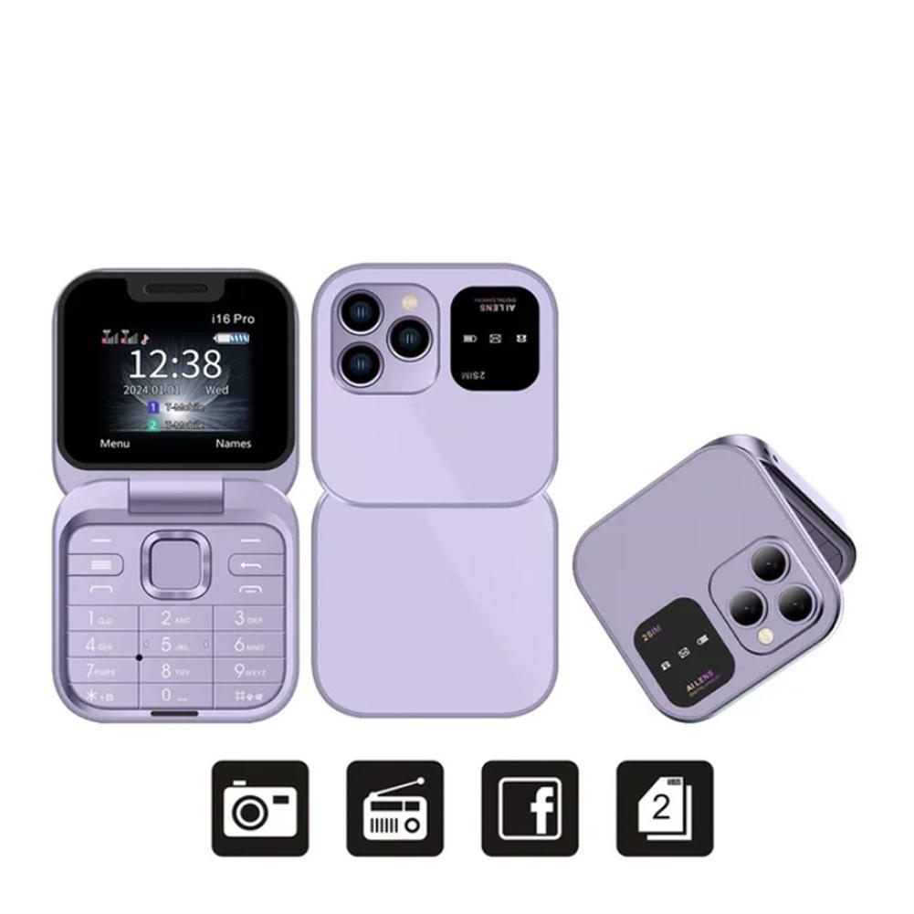 

I16pro Маленький складной мобильный телефон Автоматическая запись звонков Быстрый набор Две SIM-карты Высокое разрешение Задняя камера Раскладные телефоны фиолетовый