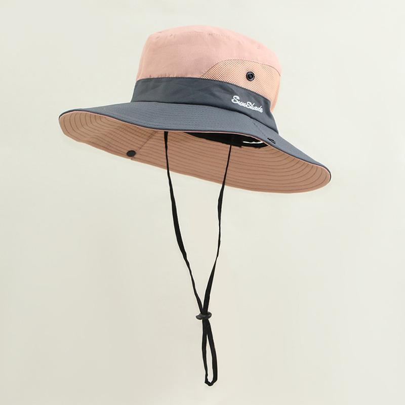 New Color Blocked Summer Mesh Fisherman Hat Women Quick Drying Fordable Sun Protection Hat Outdoor Riding Travel Ponytail Cap
