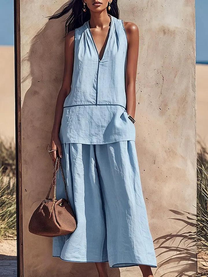 2026 European and American Cross-border Summer Neck V-neck Sleeveless Top Wide-leg Pants Vacation Wind Contrasting Color Edge Loose Suit