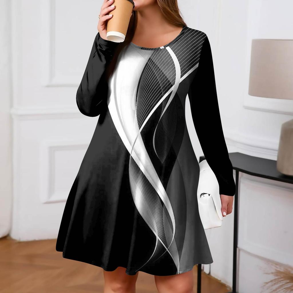 Plus Size Women's Gradient Print Casual Spring/Autumn Pocket Round Neck Long Sleeve Dress
