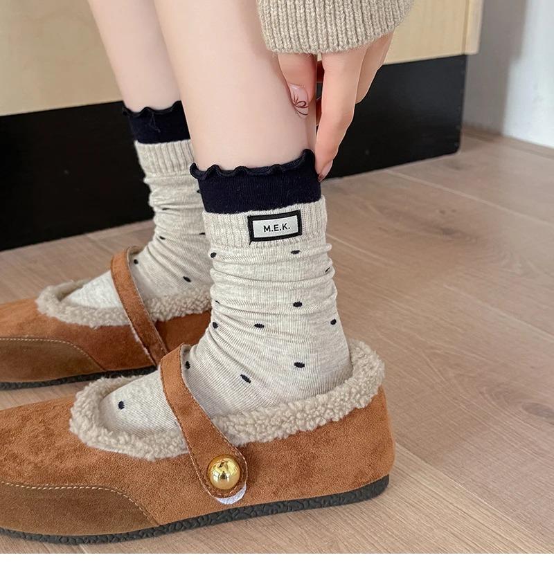 Women’s Cute Dotted Frilly Socks Soft Cotton Breathable Casual Fashion Preppy Style Long Socks Comfy Novelty Socks
