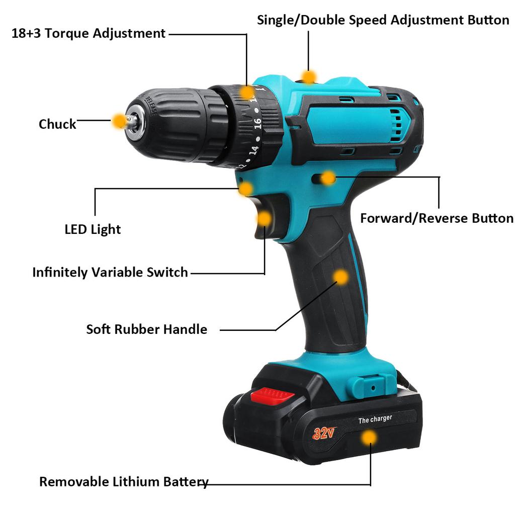 2 Speed 32V Electric Cordless Impact Drill with Lithium-Ion Battery Electric Screwdriver Power Driver 3 IN1 with LED Light