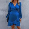 Women Mini Dress V-Neck Lantern Long Sleeve Side Lace-up Dress