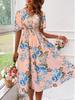 Floral Print A Line Dress for Women V Neck Short Sleeve Elastic Waist