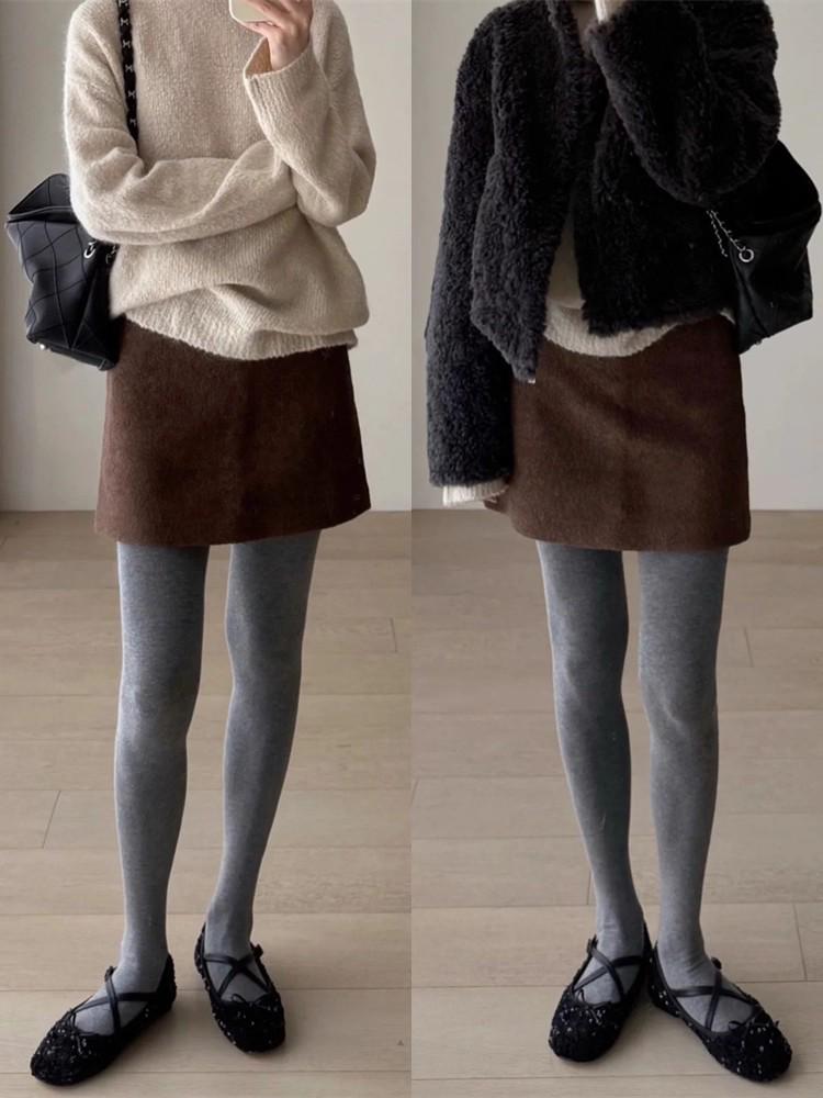 2026 Spring/Autumn High-End Gray Wool Blend Slimming A-Line High-Waisted Midi Skirt - Korean Style for Women M