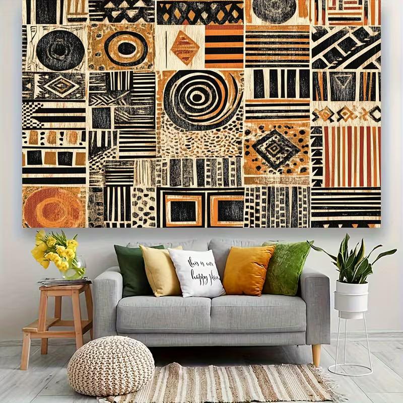2D Flat Print African Tribal Tapestry with Geometric Patchwork, Black Orange Beige Mud Cloth Design