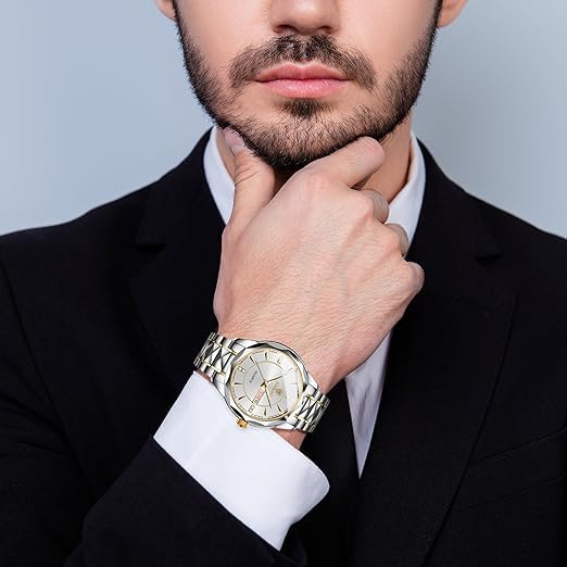 Watch Precision Steel Analog Copy Watch Men Luminous Date Day of the Week Waterproof Watch Easy To Read Dial Stainless Steel Level Adjustable Silver