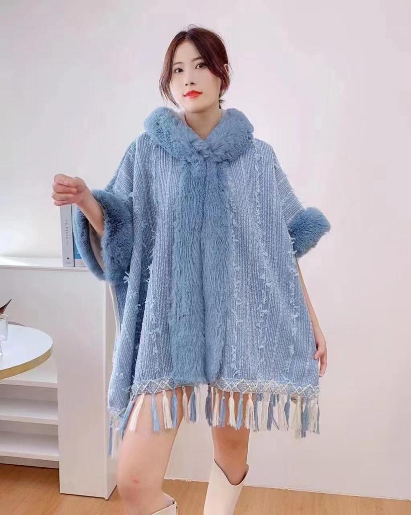 Women's Autumn/Winter Hooded Cape with Chinese Frog Button and Rabbit Fur Shawl, Plus Velvet Woolen Coat.