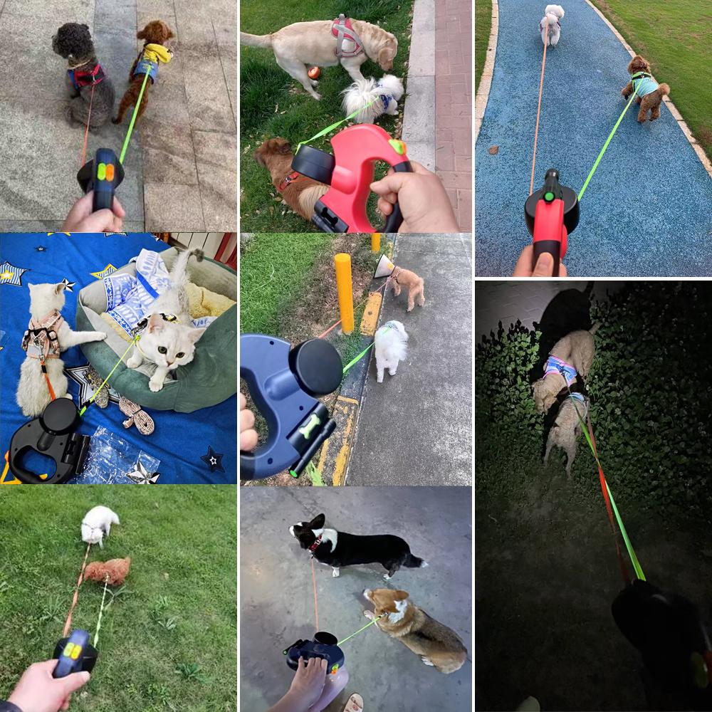 Retractable Dual Dog Leash With Flashlight For Small Dogs Walking Automatic 360°No Tangle Pet Traction Rope Belt Waste Bag Box