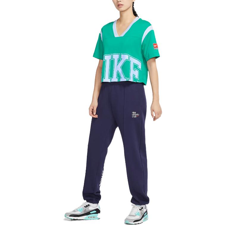 Nike Sportbekleidung Team Logo Buchstabenaufdruck Sportlich Lässig Bequem Atmungsaktiv Strick V-Ausschnitt Kurzarm Cropped Top Damen Tops Meeresgott-Grün DQ6596-370