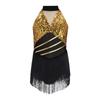 Mädchen Cha-cha Salsa Performance-Leotard: Ärmelloses Neckholder-Kleid mit Pailletten und Fransen, Netz-Taille, Schlüsselloch, Metallic-Rücken für Bühnenkostüm