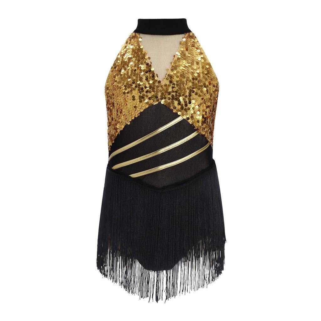Mädchen Cha-cha Salsa Performance-Leotard: Ärmelloses Neckholder-Kleid mit Pailletten und Fransen, Netz-Taille, Schlüsselloch, Metallic-Rücken für Bühnenkostüm